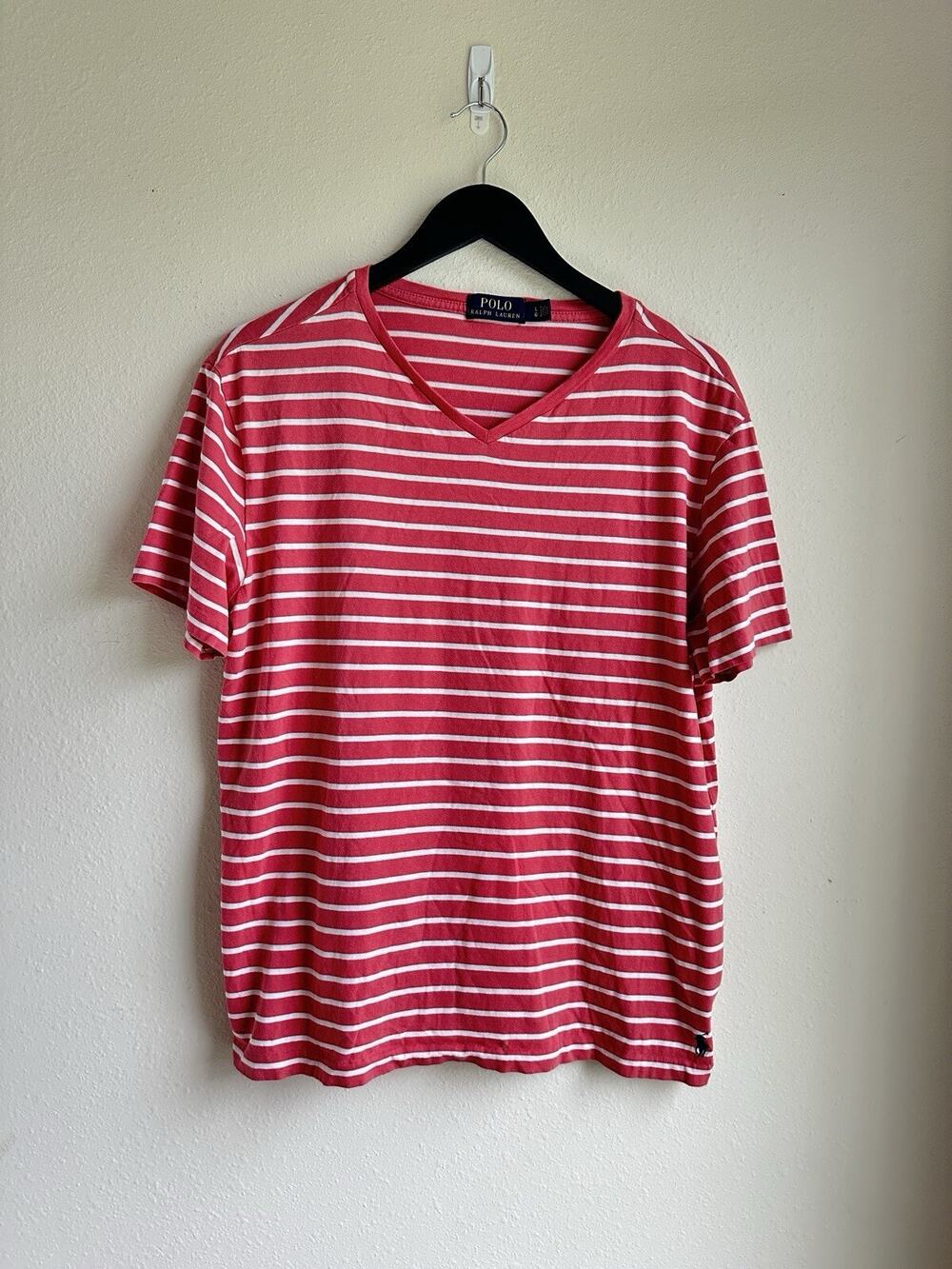 Polo Ralph Lauren Women's T-shirt Large Red Stripe Vneck Pony Logo